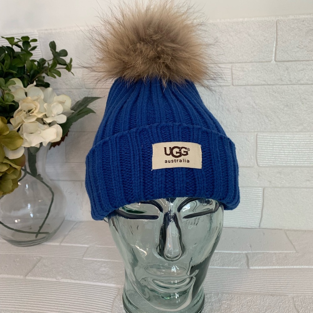 UGG Blue Knit Beanie with Brown Pom-Pom